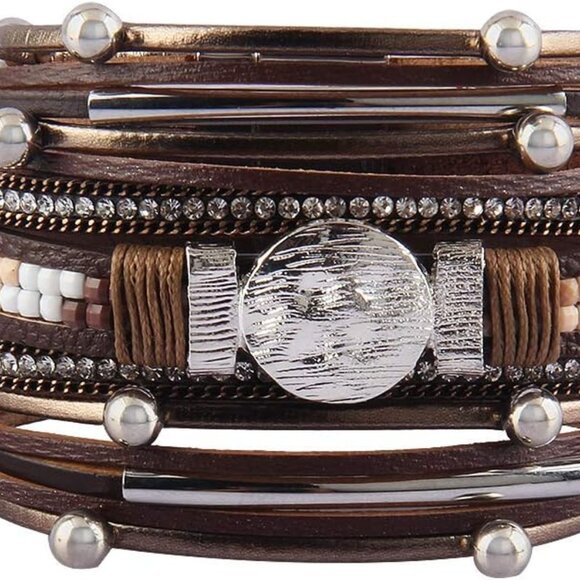 Leather Wrap Bracelet Boho Cuff Bracelets Crystal Leather Bracelet Magnetic Mult - Picture 1 of 8